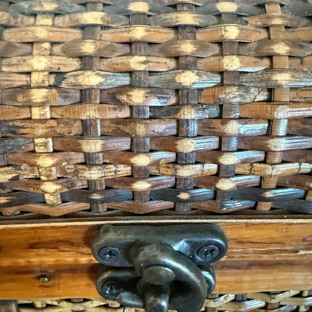 Vintage Woven Wooden Chest with Metal Accents trinket‎ box rustic 8x7x7”
